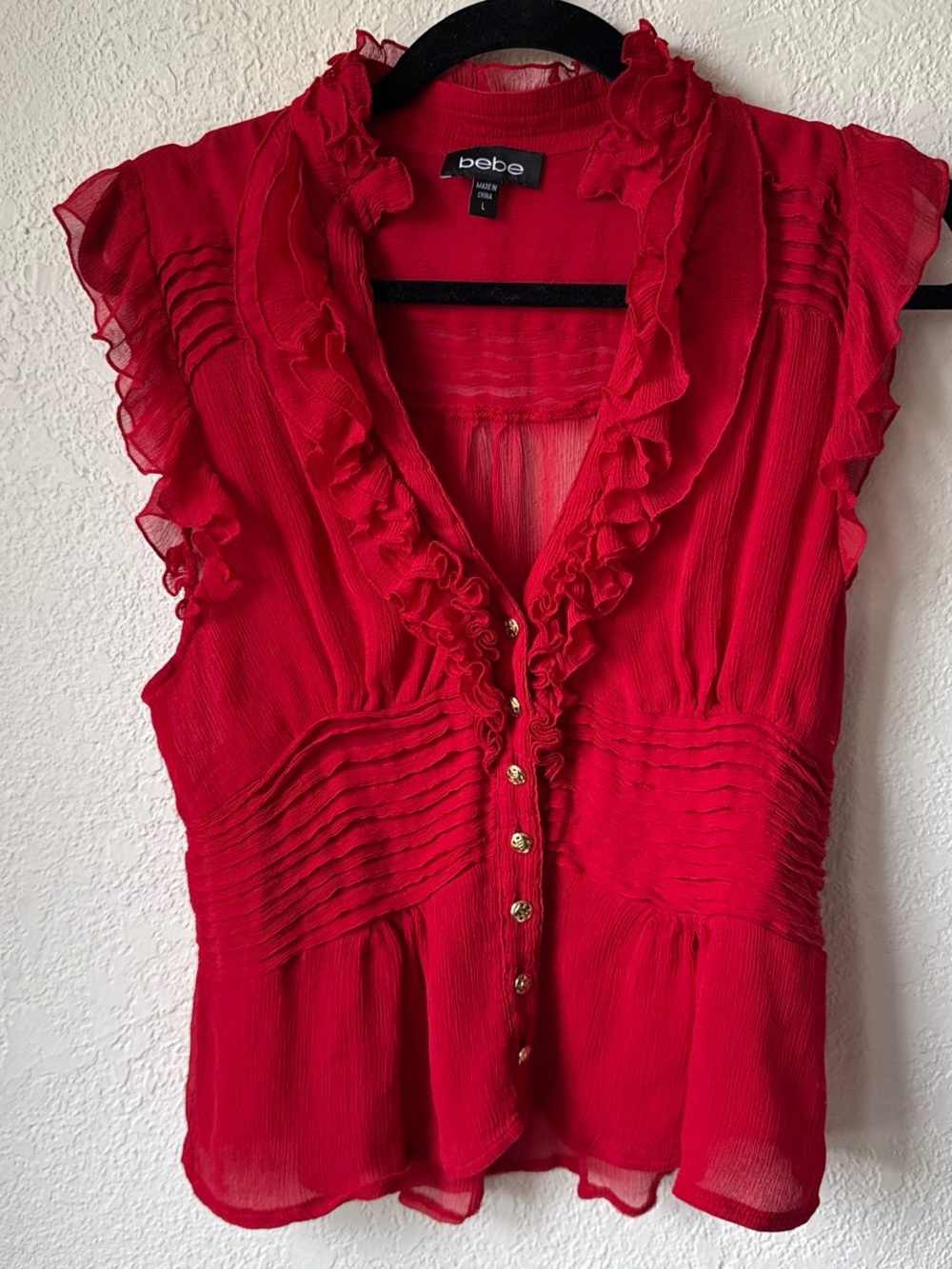 BeBe Vibrant Red Ruffled Silk Sleeveless Blouse